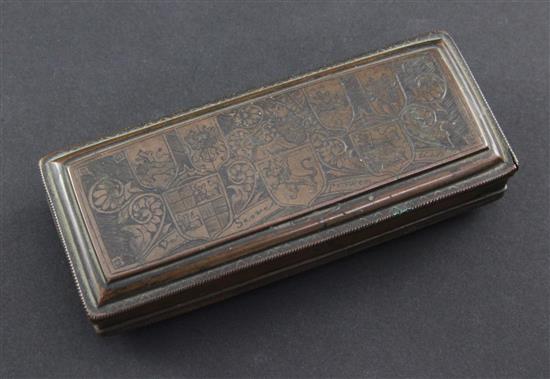 An 18th century Dutch rectangular copper tobacco box, 5in.